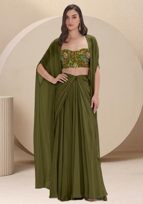 Olive Green Embroidered Crepe Fusion Set