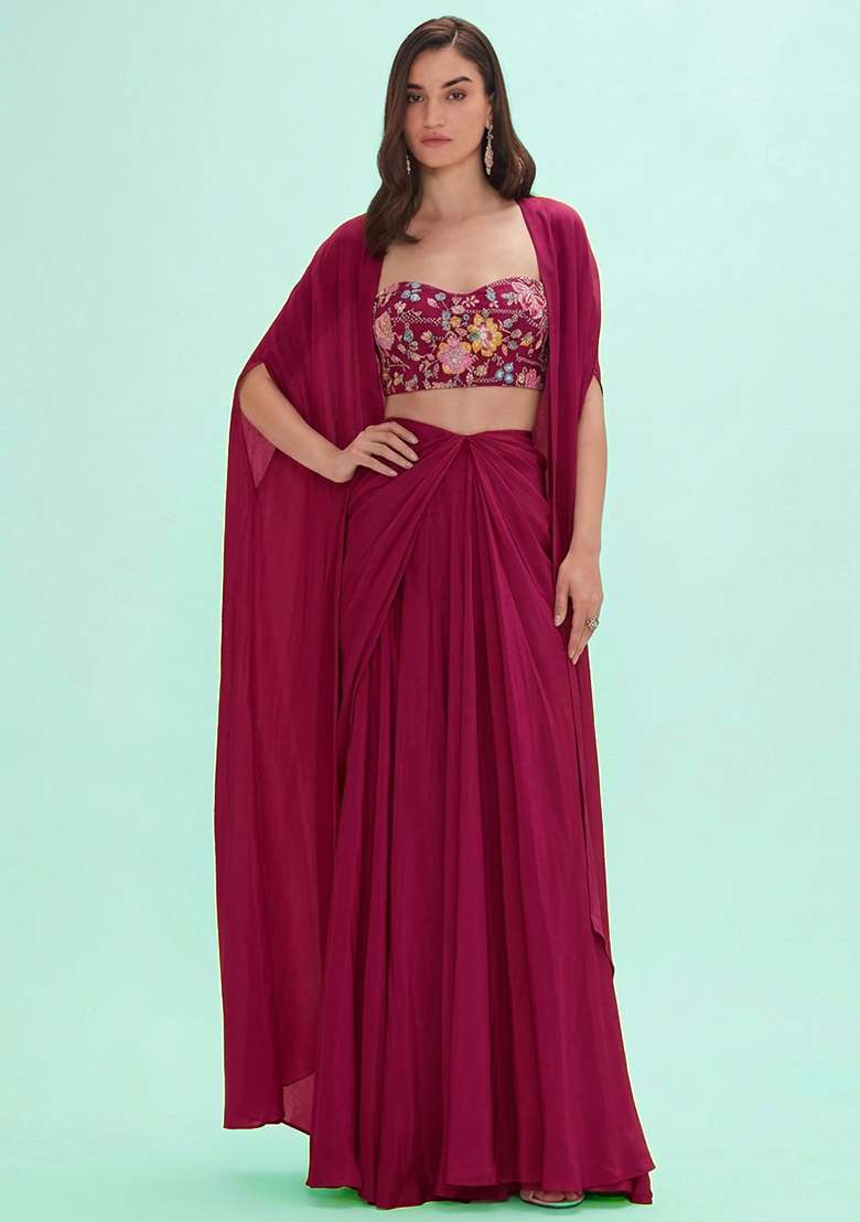 Hot Pink Embroidered Crepe Fusion Set - Indya