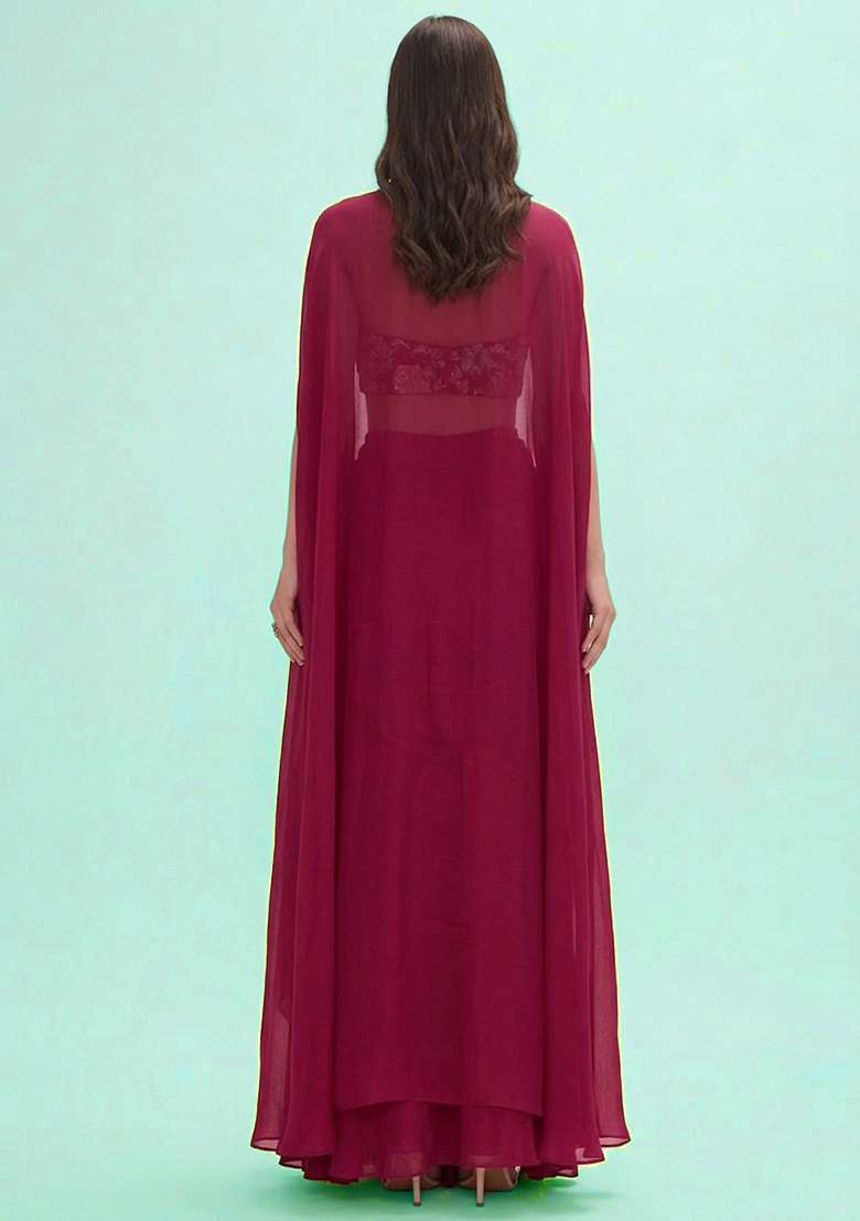 Hot Pink Embroidered Crepe Fusion Set - Indya