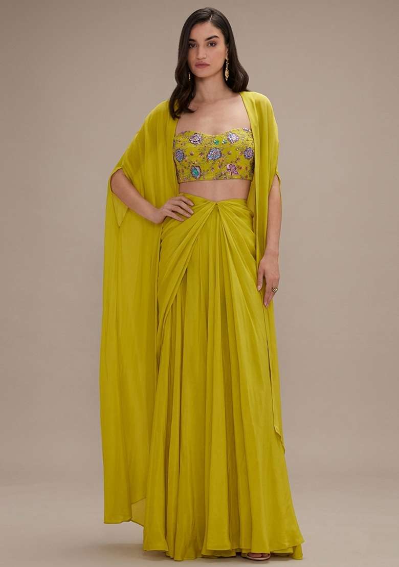 Lime Green Embroidered Crepe Fusion Set - Indya