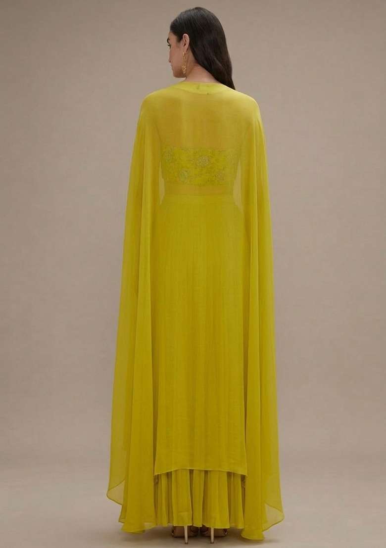 Lime Green Embroidered Crepe Fusion Set - Indya