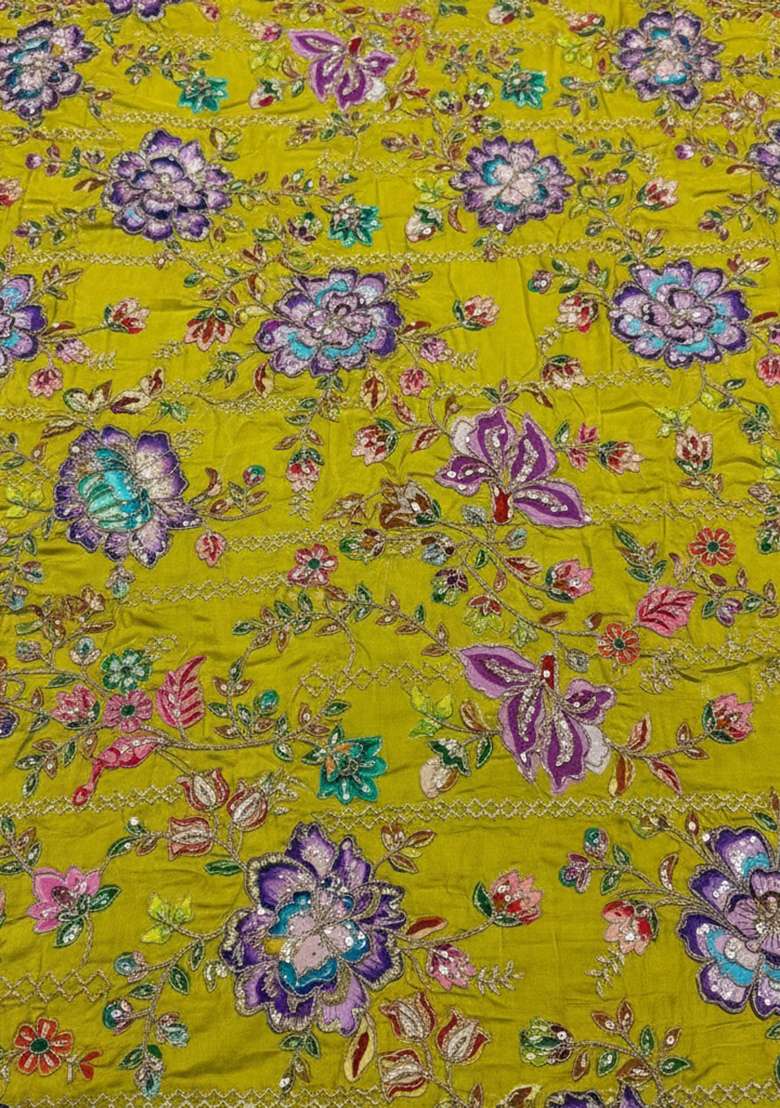 Lime Green Embroidered Crepe Fusion Set - Indya