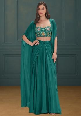 Teal Green Embroidered Crepe Fusion Set