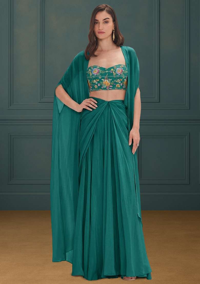 Teal Green Embroidered Crepe Fusion Set - Indya