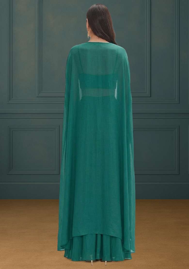 Teal Green Embroidered Crepe Fusion Set - Indya