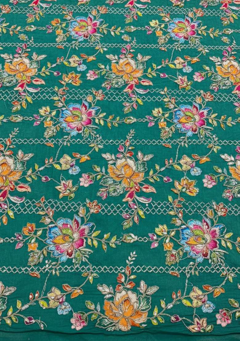 Teal Green Embroidered Crepe Fusion Set - Indya