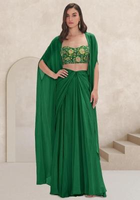 Bottle Green Embroidered Crepe Fusion Set