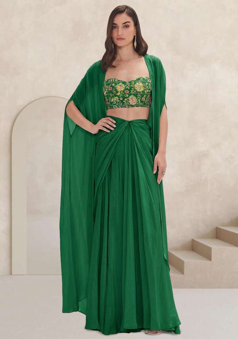 Bottle Green Embroidered Crepe Fusion Set - Indya