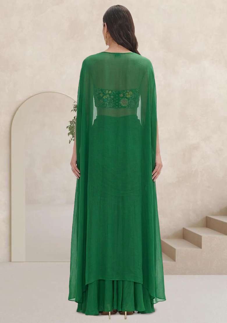 Bottle Green Embroidered Crepe Fusion Set - Indya