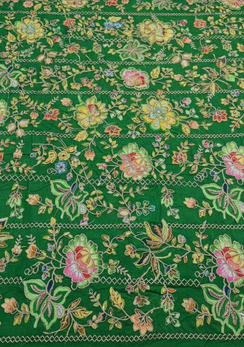 Bottle Green Embroidered Crepe Fusion Set - Indya