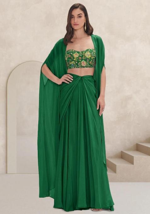 Bottle Green Embroidered Crepe Fusion Set