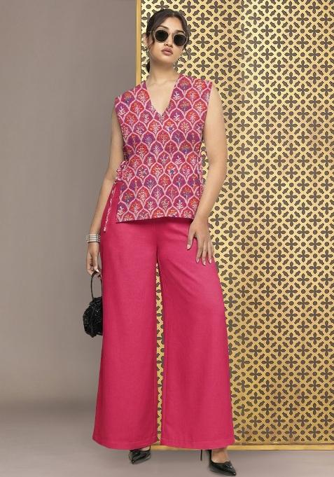 Hot Pink Zari Satin Fusion Set