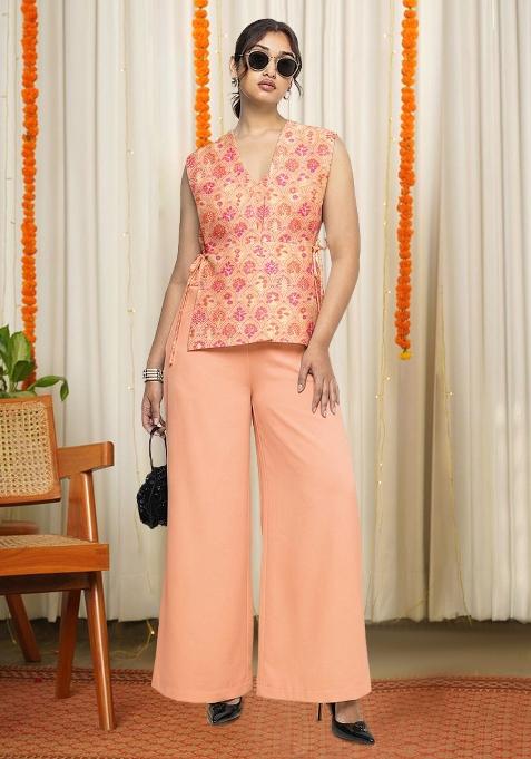 Peach Zari Satin Fusion Set