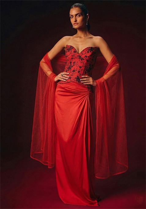 Scarlet Red Embroidered Chanderi Fusion Set