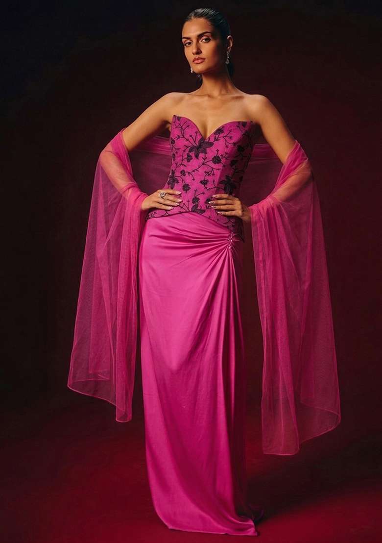 Hot Pink Embroidered Chanderi Fusion Set - Indya
