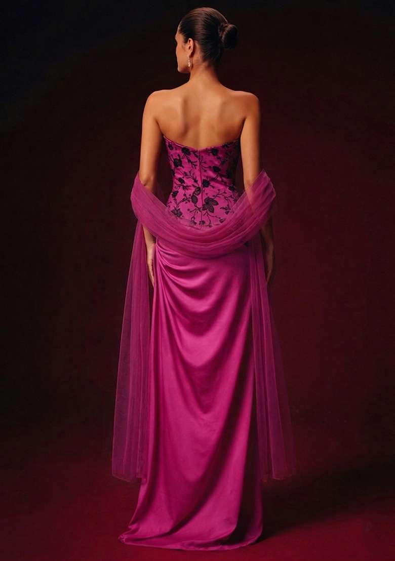Hot Pink Embroidered Chanderi Fusion Set - Indya