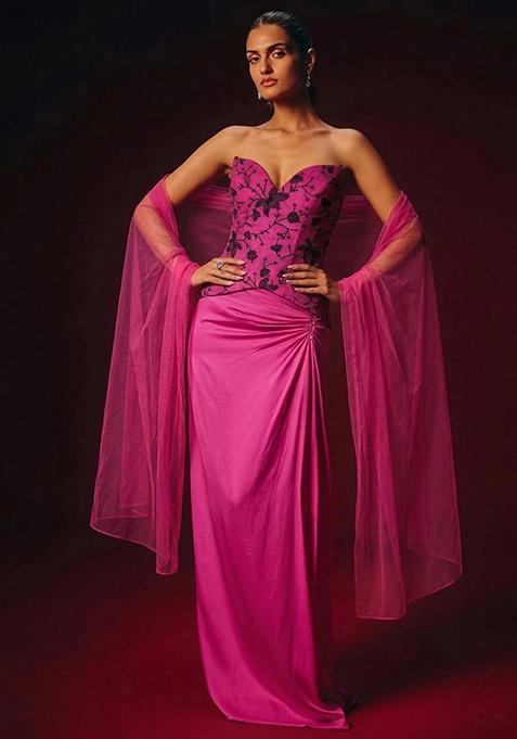 Hot Pink Embroidered Chanderi Fusion Set