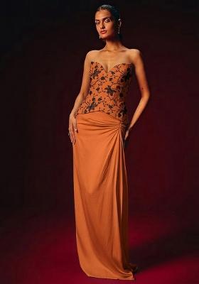 Orange Embroidered Chanderi Fusion Set