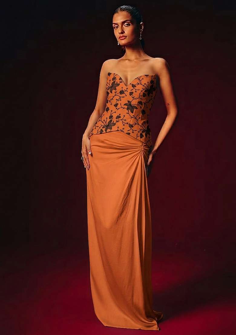 Orange Embroidered Chanderi Fusion Set - Indya