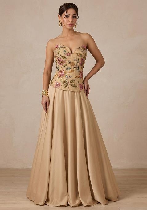Sand Beige Embroidered Organza Lehenga Set