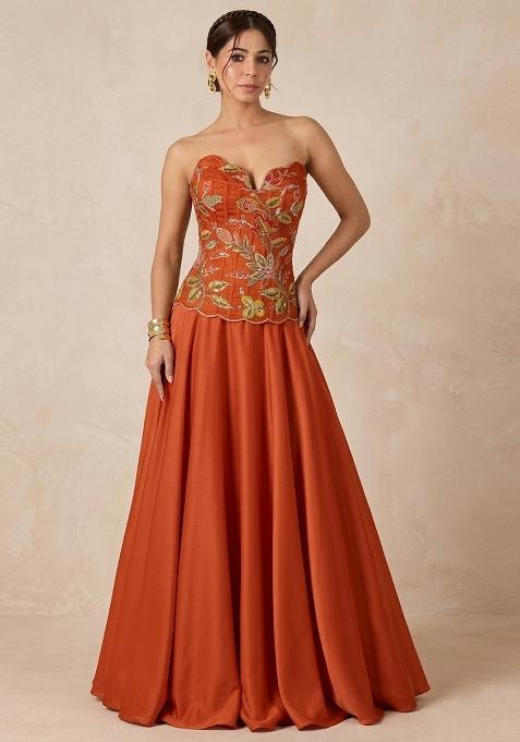 Rust Embroidered Organza Lehenga Set