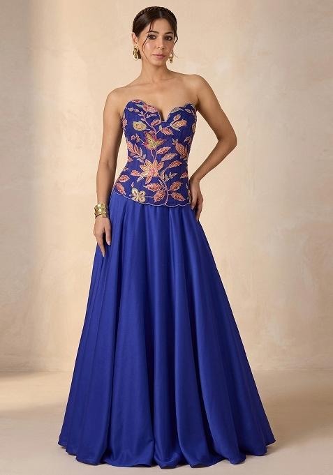 Royal Blue Embroidered Organza Lehenga Set