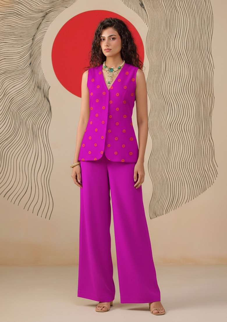Hot Pink Printed Satin Fusion Set for Diwali and Festive Wear - Indya