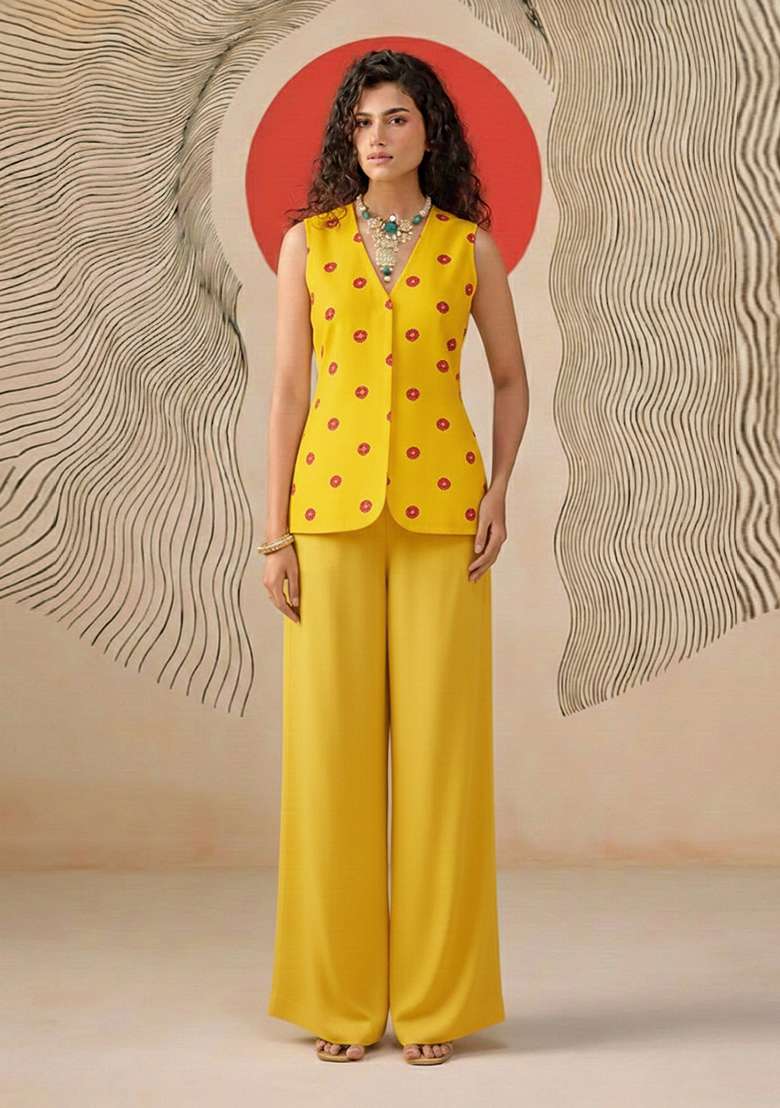 Yellow Printed Satin Fusion Set for Diwali and Festive Wear - Indya