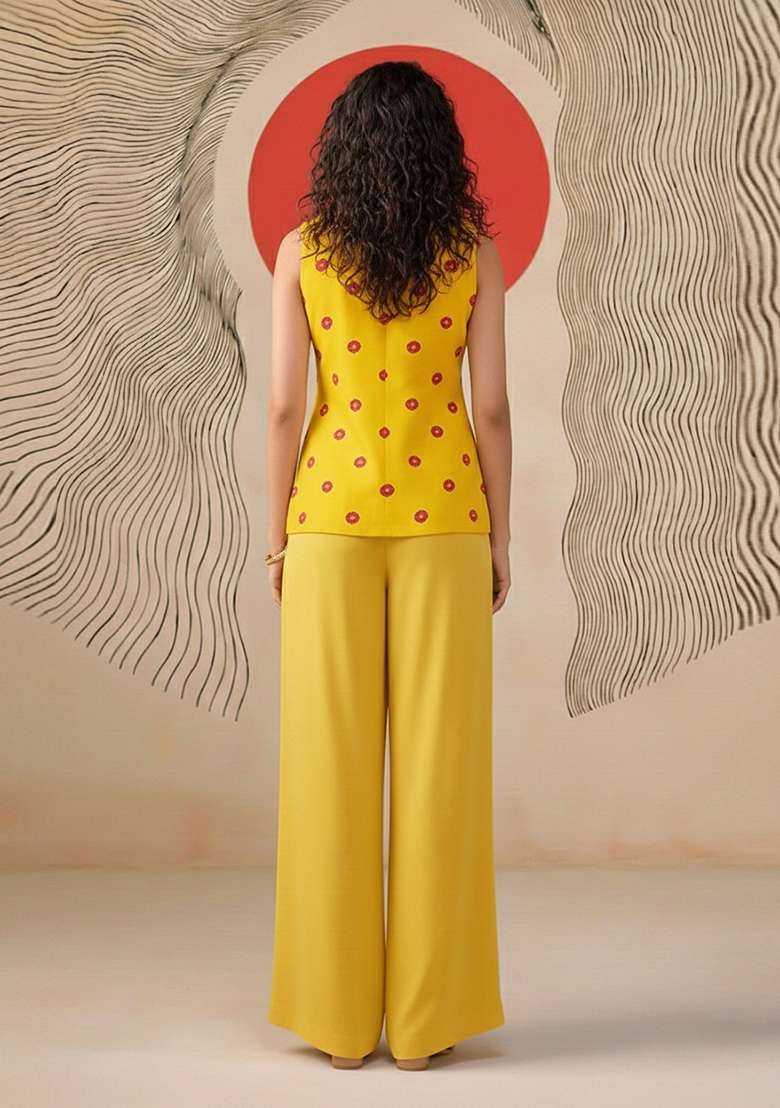 Yellow Printed Satin Fusion Set for Diwali and Festive Wear - Indya