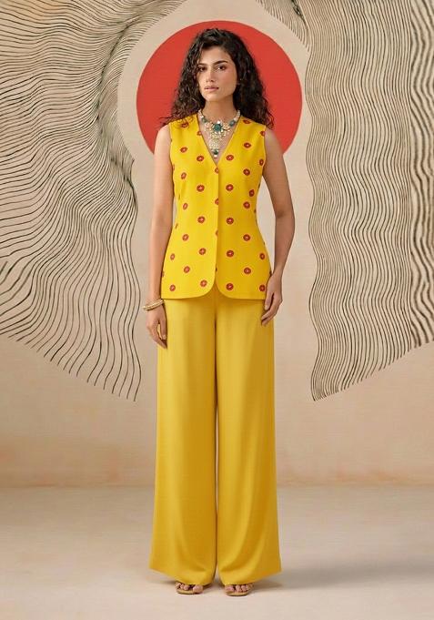 Yellow Printed Satin Fusion Set