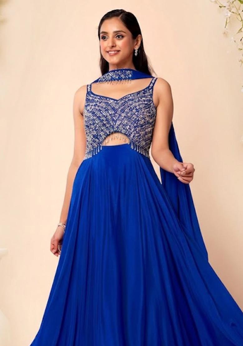 Blue Embellished Designer Anarkali With Dupatta - Indya
