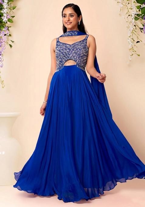 Blue Embellished Designer Anarkali With Dupatta