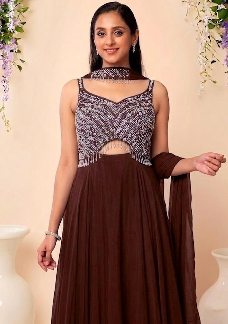 Brown Embellished Designer Anarkali With Dupatta - Indya
