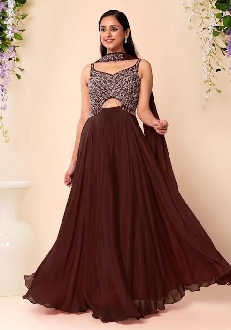 Brown Embellished Designer Anarkali With Dupatta