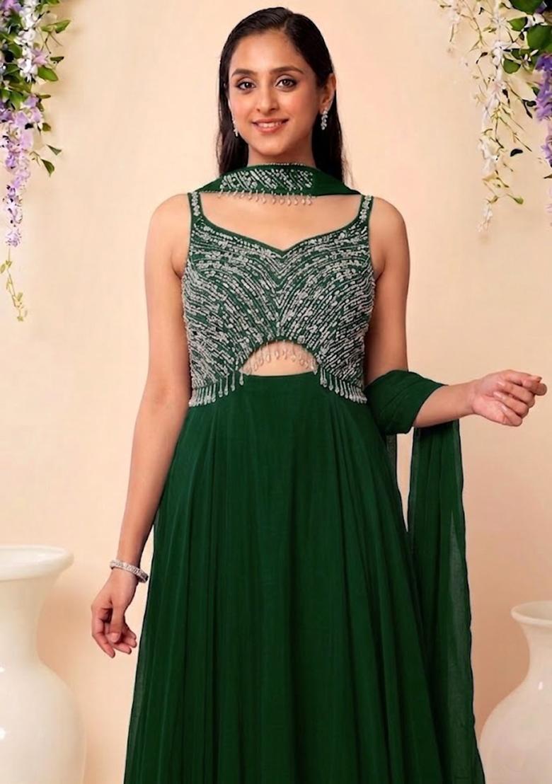 Green Embellished Designer Anarkali With Dupatta - Indya