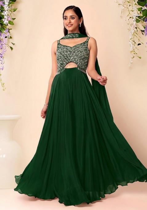 Green Embellished Designer Anarkali With Dupatta