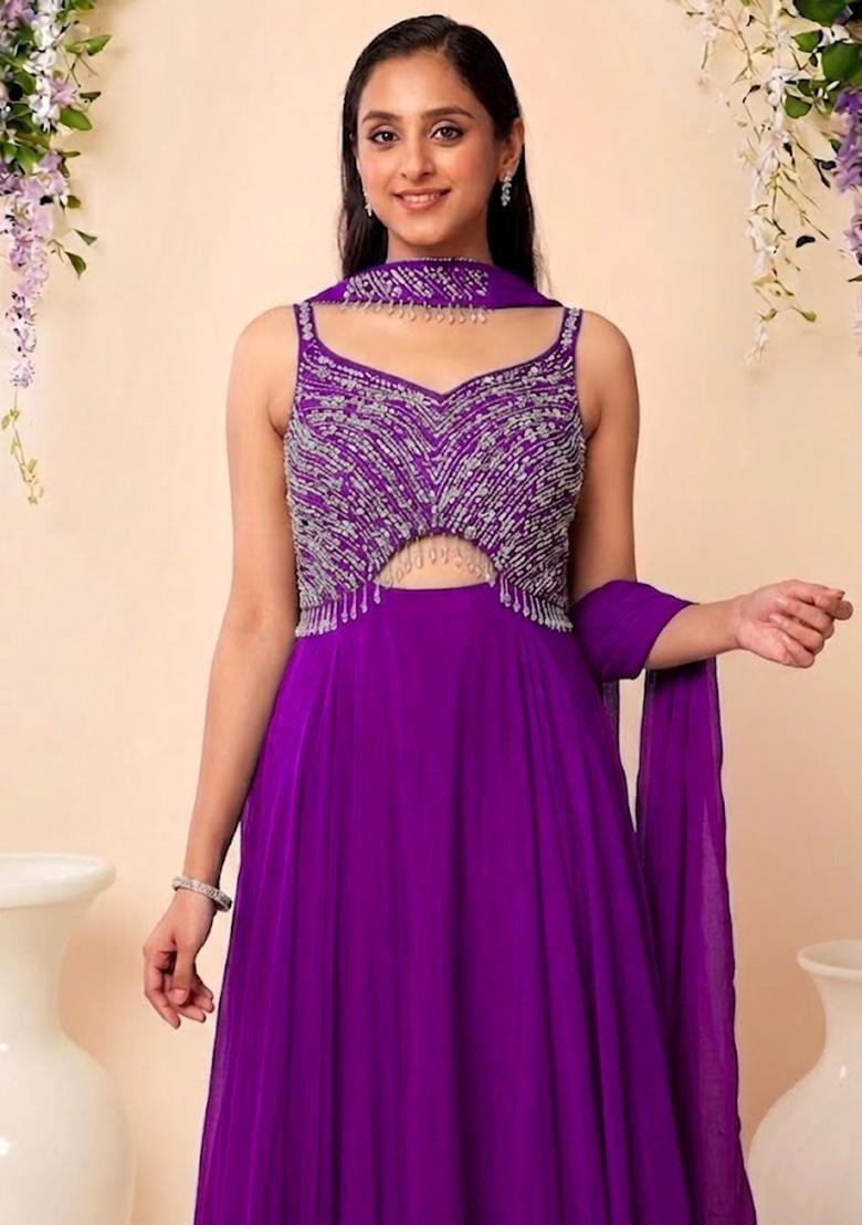 Purple Embellished Designer Anarkali With Dupatta - Indya