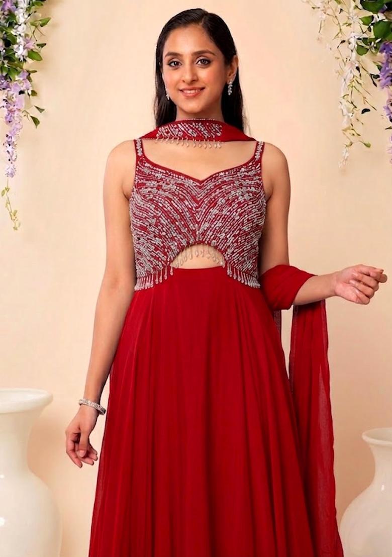 Red Embellished Designer Anarkali With Dupatta - Indya