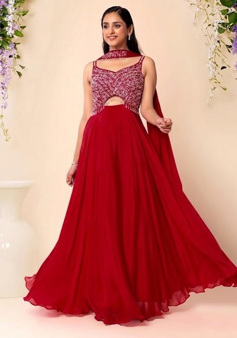 Red Embellished Designer Anarkali With Dupatta