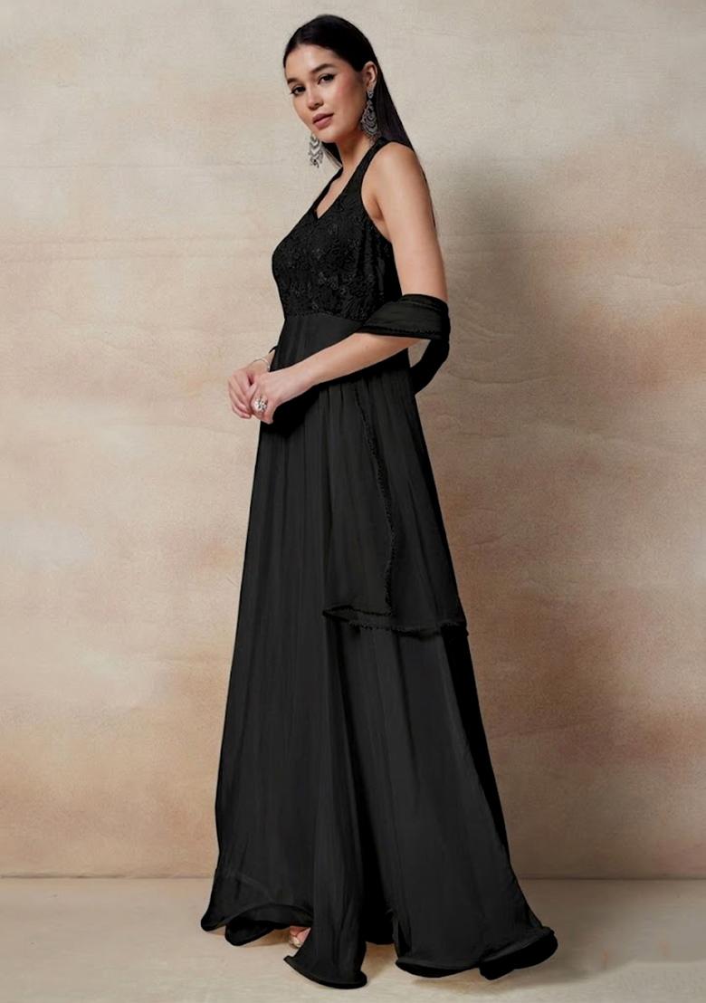 Black Embellished Designer Anarkali With Dupatta - Indya