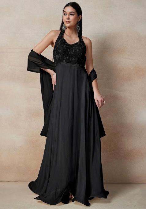 Black Embellished Designer Anarkali With Dupatta
