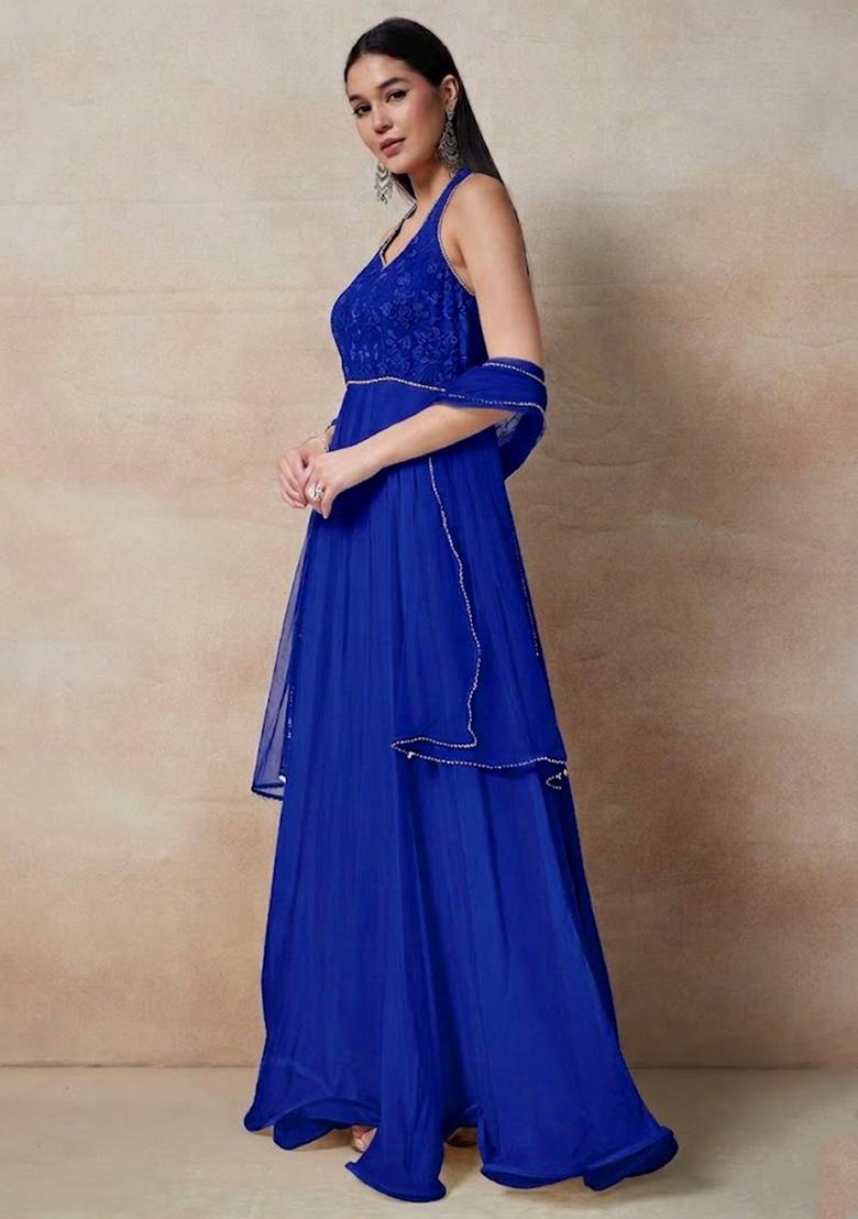 Blue Embellished Designer Anarkali With Dupatta - Indya