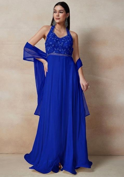 Blue Embellished Designer Anarkali With Dupatta