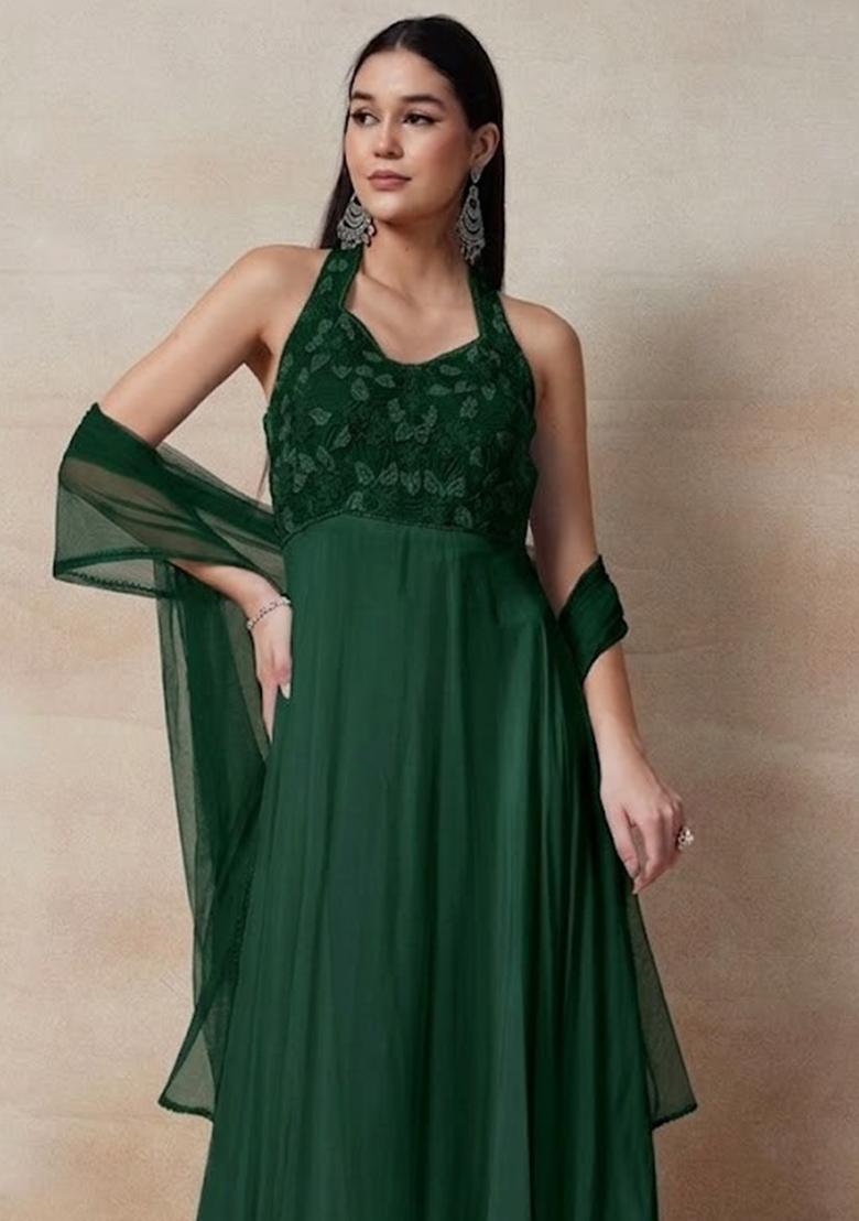 Green Embellished Designer Anarkali With Dupatta - Indya