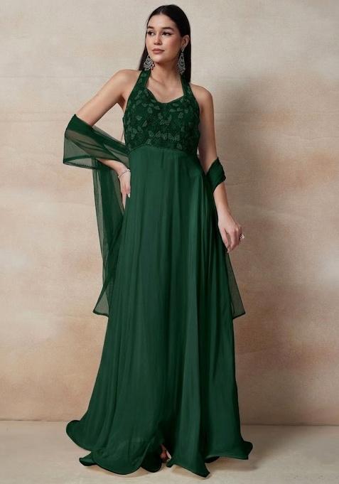 Green Embellished Designer Anarkali With Dupatta
