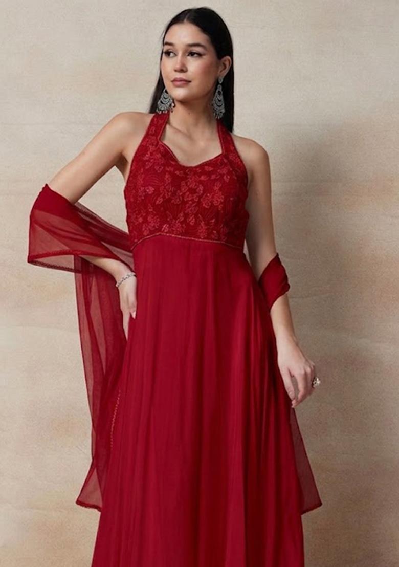 Red Embellished Designer Anarkali With Dupatta - Indya