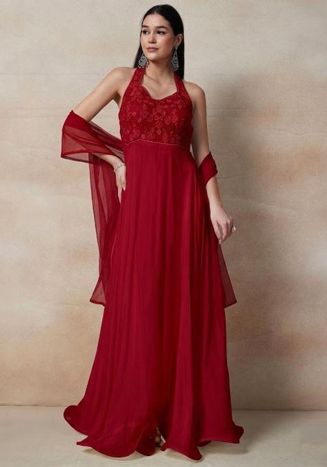 Red Embellished Designer Anarkali With Dupatta