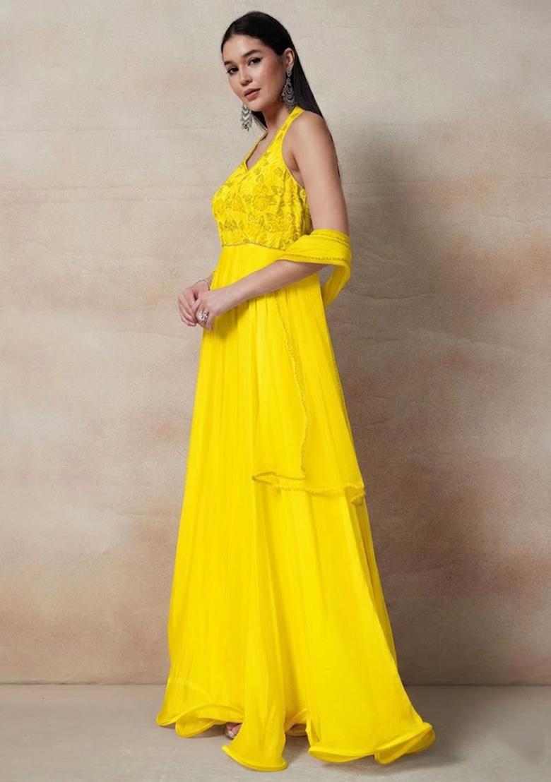 Yellow Embellished Designer Anarkali With Dupatta - Indya