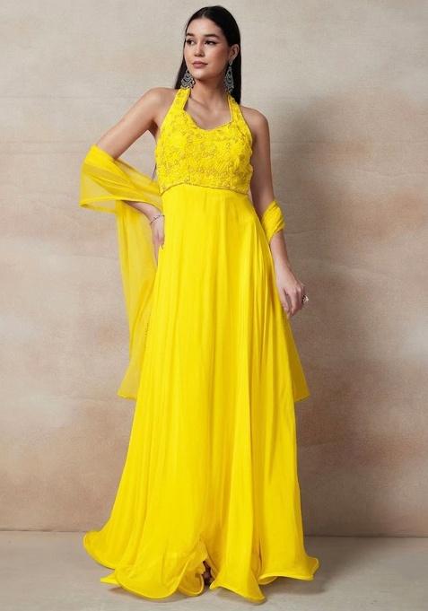 Yellow Embellished Designer Anarkali With Dupatta