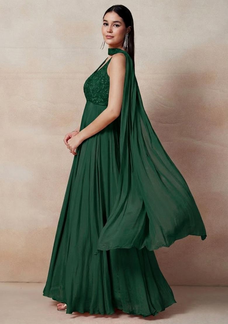 Green Embellished Designer Anarkali With Dupatta - Indya